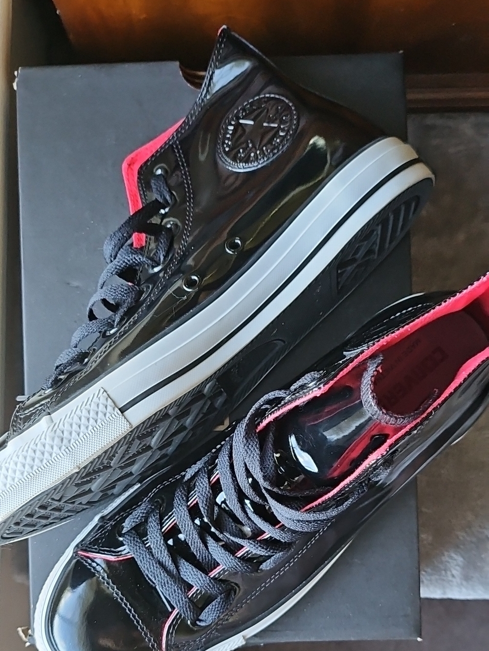 Converse Black Patent Leather High Top Sneakers with Red Lining